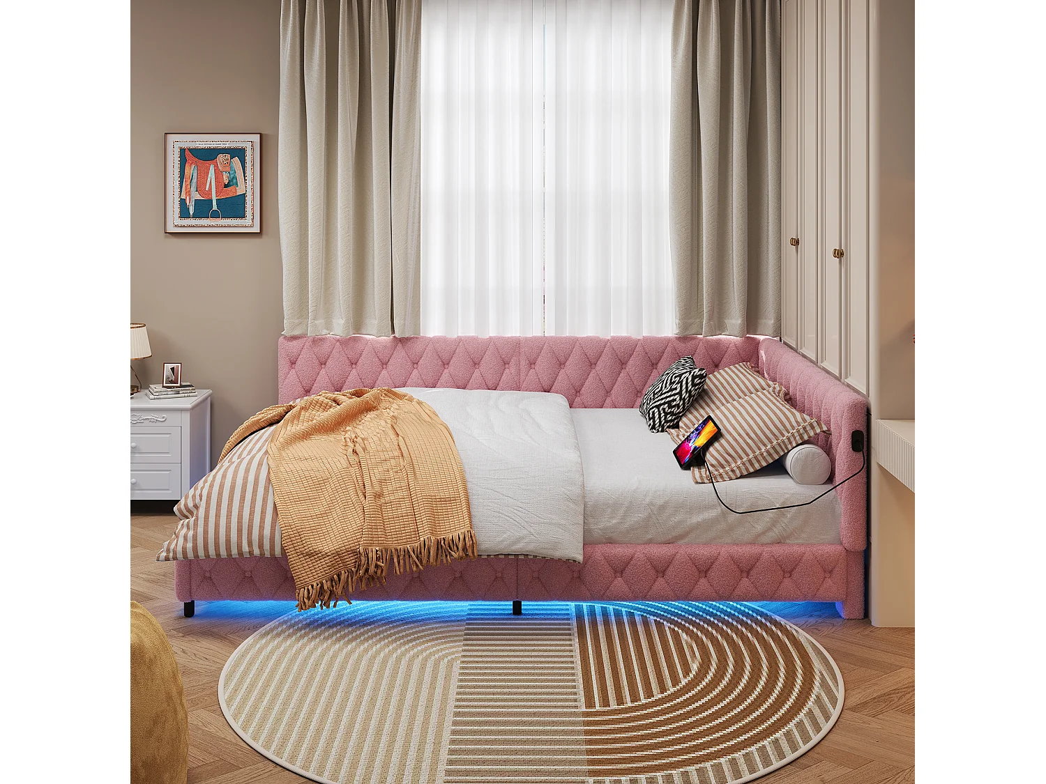 Lit 140x200 cm en tissu doudou rose avec éclairage LED périphérique et ports USB intégrés, design moderne et cosy
