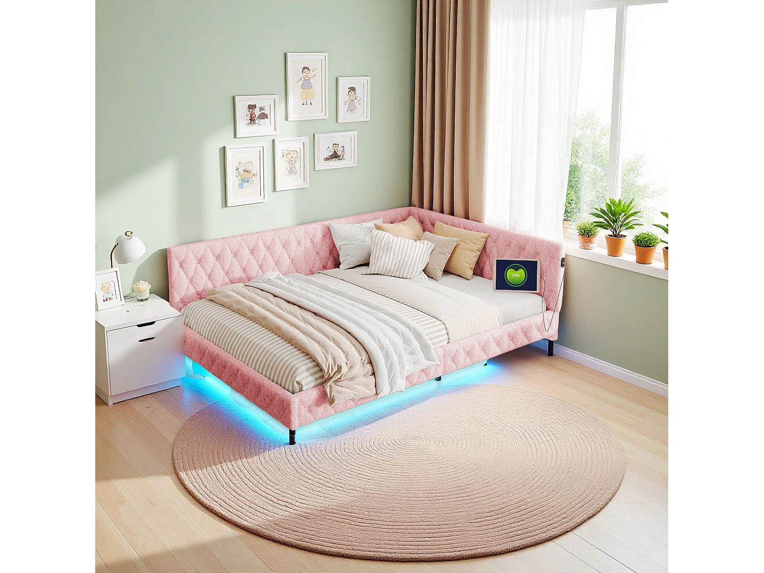 Lit 140x200 cm en tissu doudou rose avec éclairage LED périphérique et ports USB intégrés, design moderne et cosy