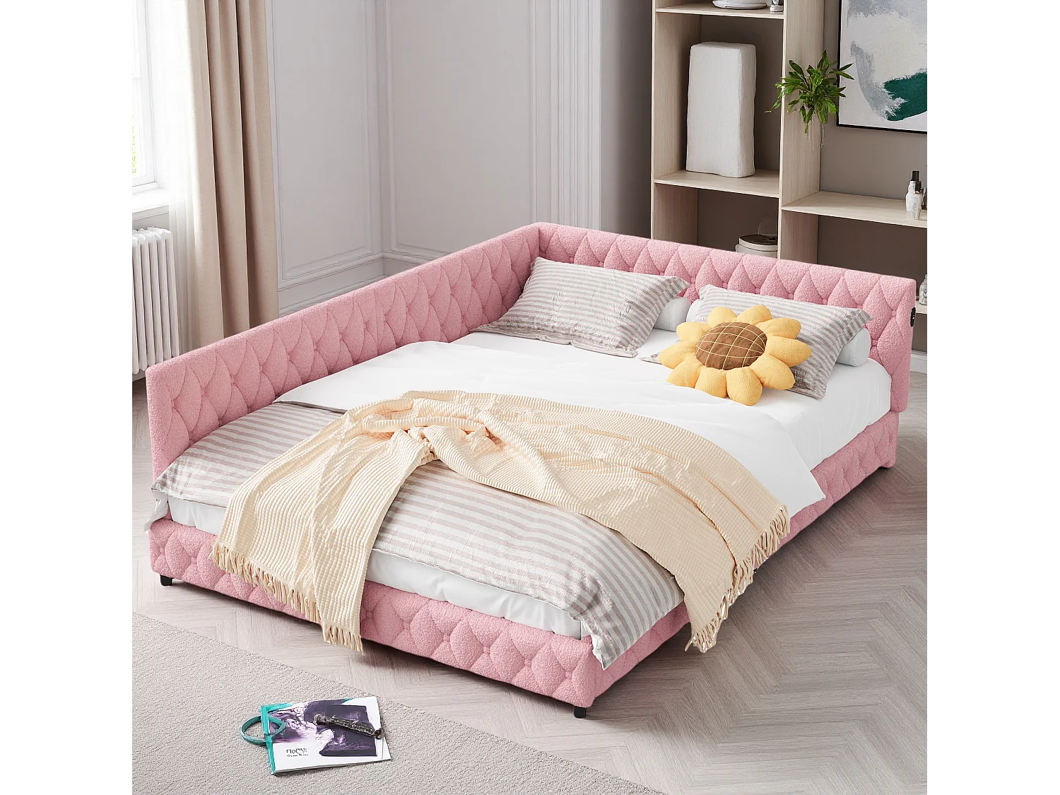 Lit 140x200 cm en tissu doudou rose avec éclairage LED périphérique et ports USB intégrés, design moderne et cosy