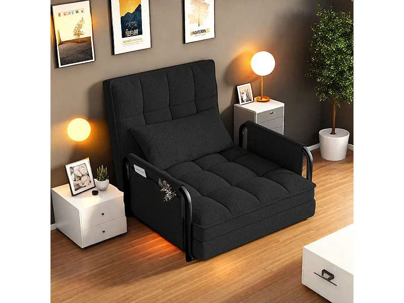 Sofá-cama ajustável em 5 posições em tecido de pelúcia preto, sofá-cama conversível com bolsos laterais de armazenamento