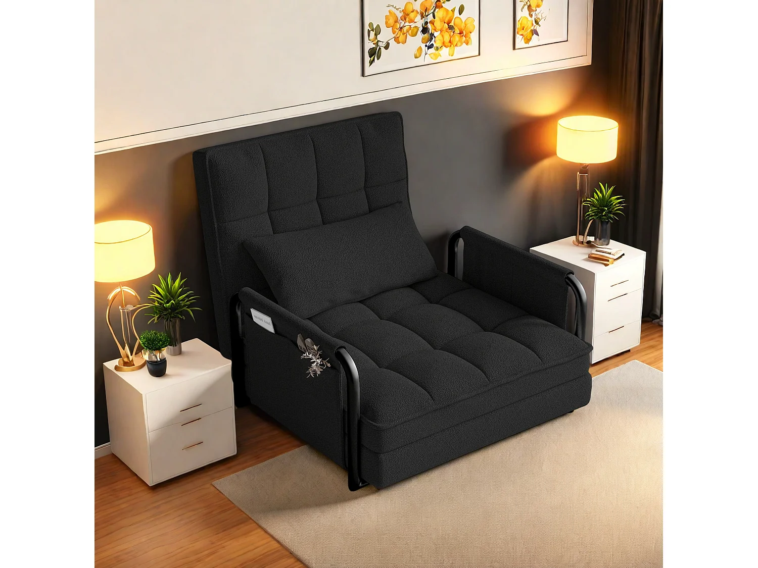 Canapé-lit réglable 5 positions en tissu peluche noir, convertible sofa/bed avec poches de rangement latérales