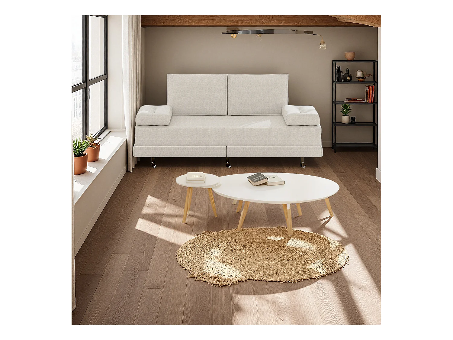 Sofá-cama de tecido branco 90x200 cm, extensível até 180x200 cm, dobrável e prático para economizar espaço