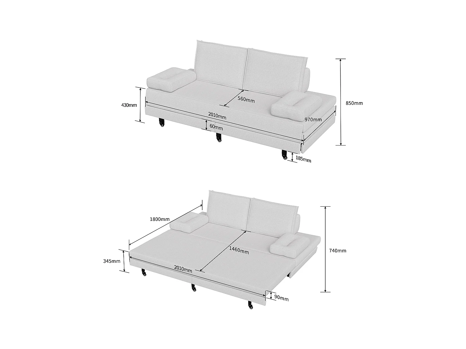 Sofá-cama de tecido branco 90x200 cm, extensível até 180x200 cm, dobrável e prático para economizar espaço