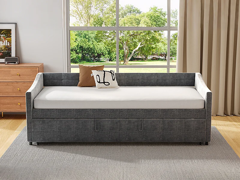 Sofá-cama 90x200 cm em veludo cinza, extensível 180x200 cm com cilindros hidráulicos, bolsos laterais e design moderno