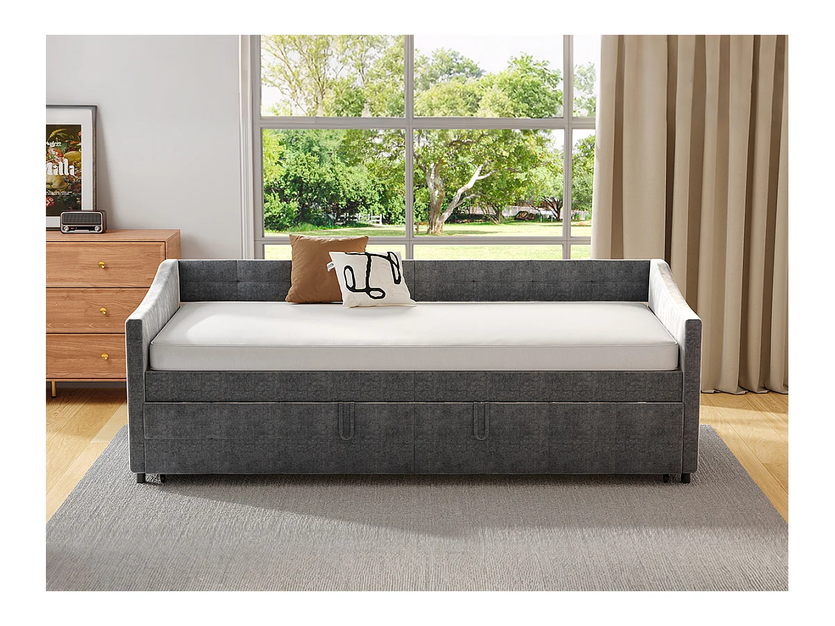 Sofá-cama 90x200 cm em veludo cinza, extensível 180x200 cm com cilindros hidráulicos, bolsos laterais e design moderno