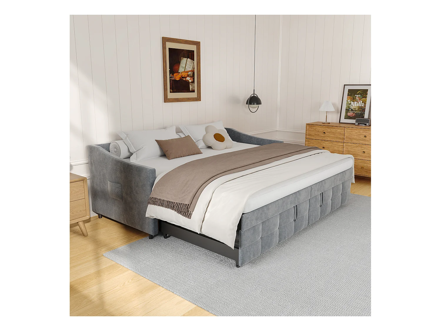 Sofá-cama 90x200 cm em veludo cinza, extensível 180x200 cm com cilindros hidráulicos, bolsos laterais e design moderno