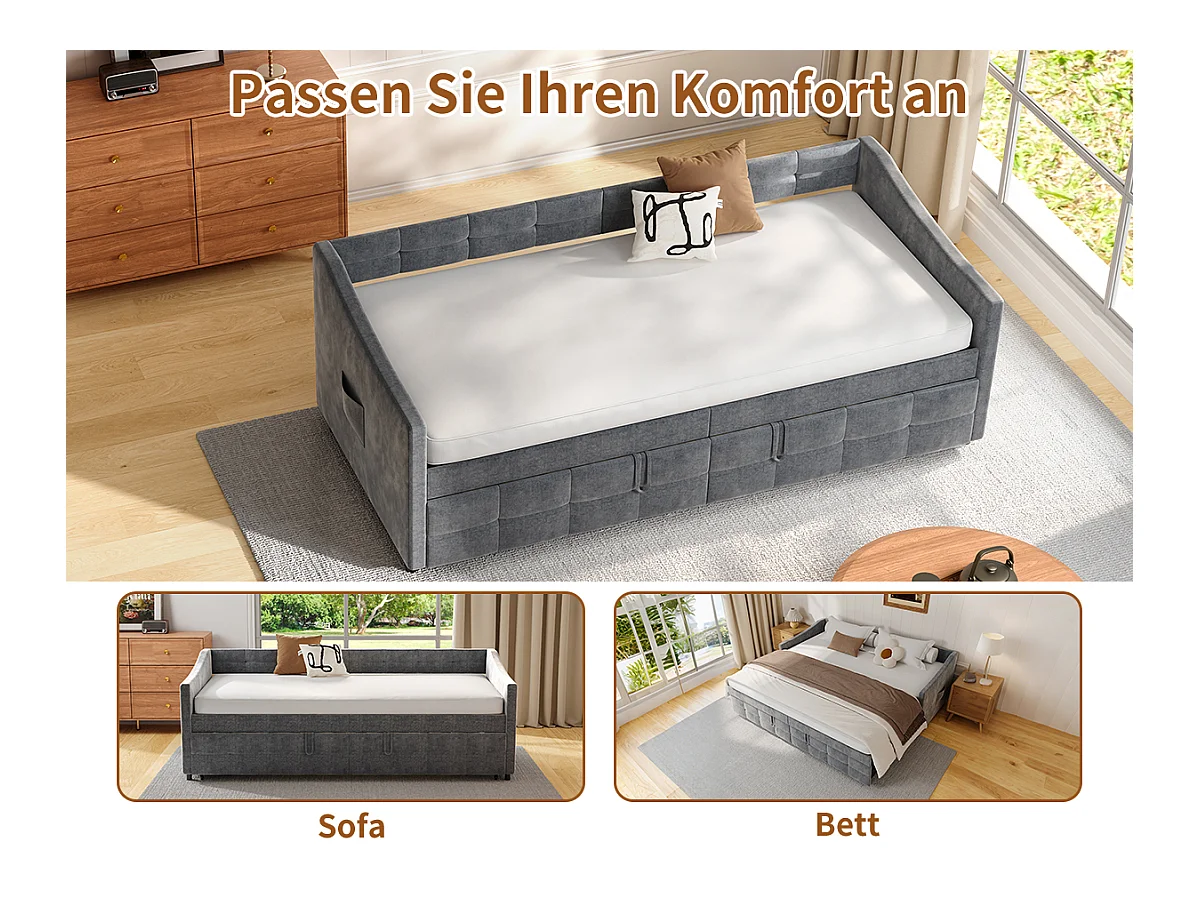 Sofá-cama 90x200 cm em veludo cinza, extensível 180x200 cm com cilindros hidráulicos, bolsos laterais e design moderno