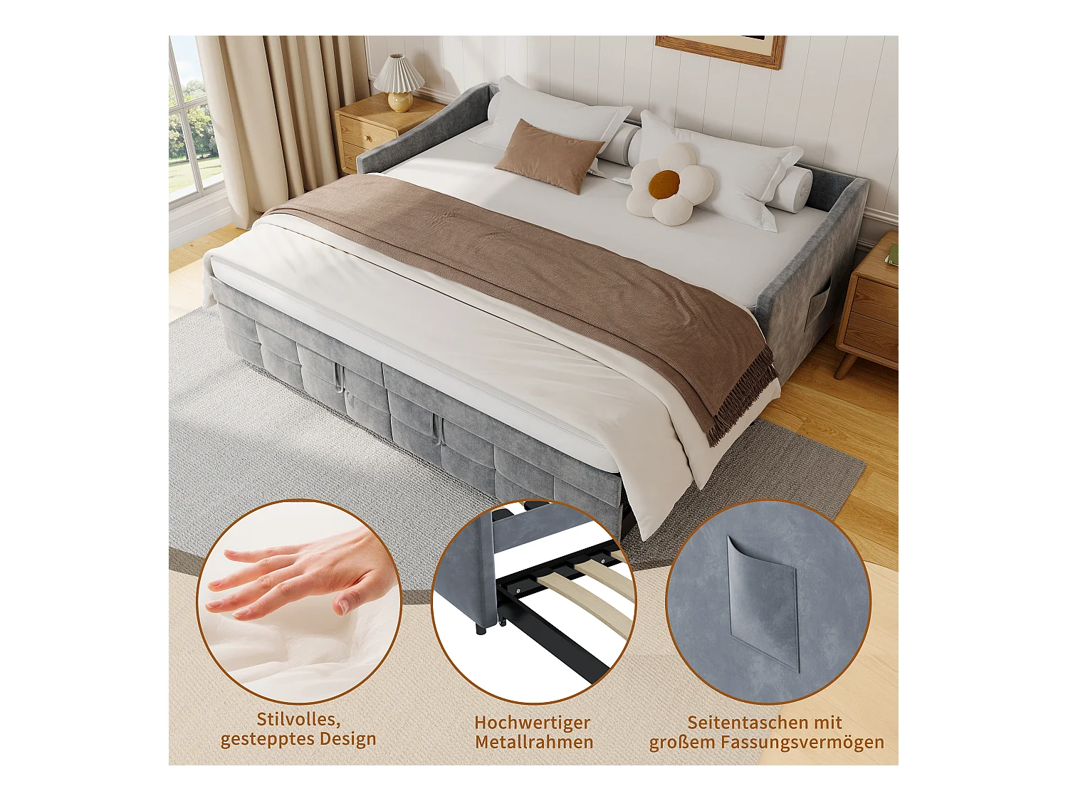 Sofá-cama 90x200 cm em veludo cinza, extensível 180x200 cm com cilindros hidráulicos, bolsos laterais e design moderno