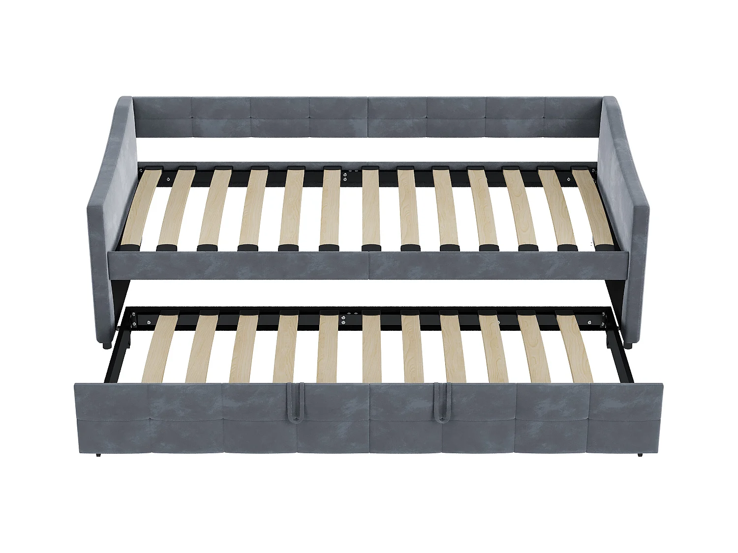 Sofá-cama 90x200 cm em veludo cinza, extensível 180x200 cm com cilindros hidráulicos, bolsos laterais e design moderno