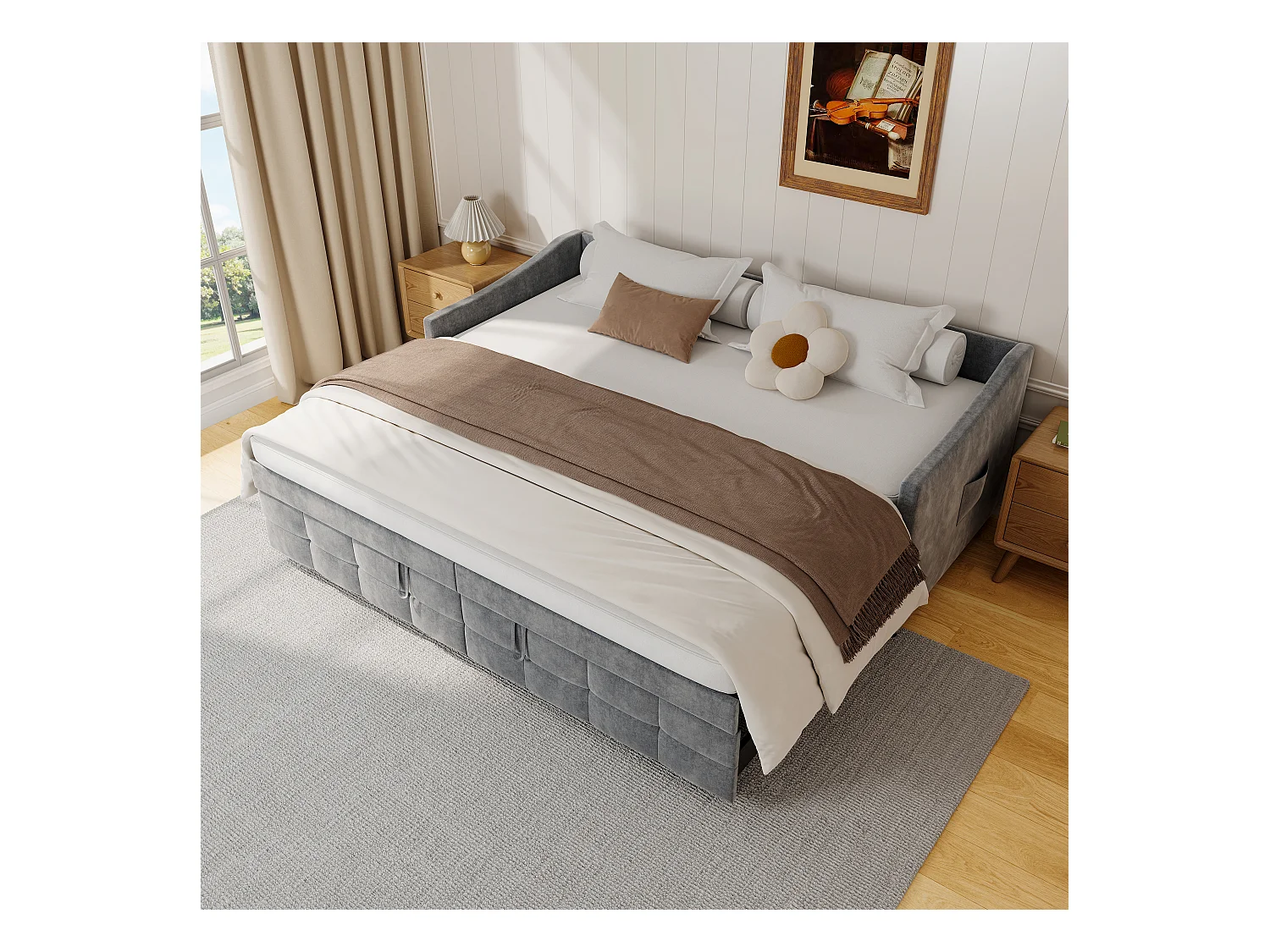 Sofá-cama 90x200 cm em veludo cinza, extensível 180x200 cm com cilindros hidráulicos, bolsos laterais e design moderno