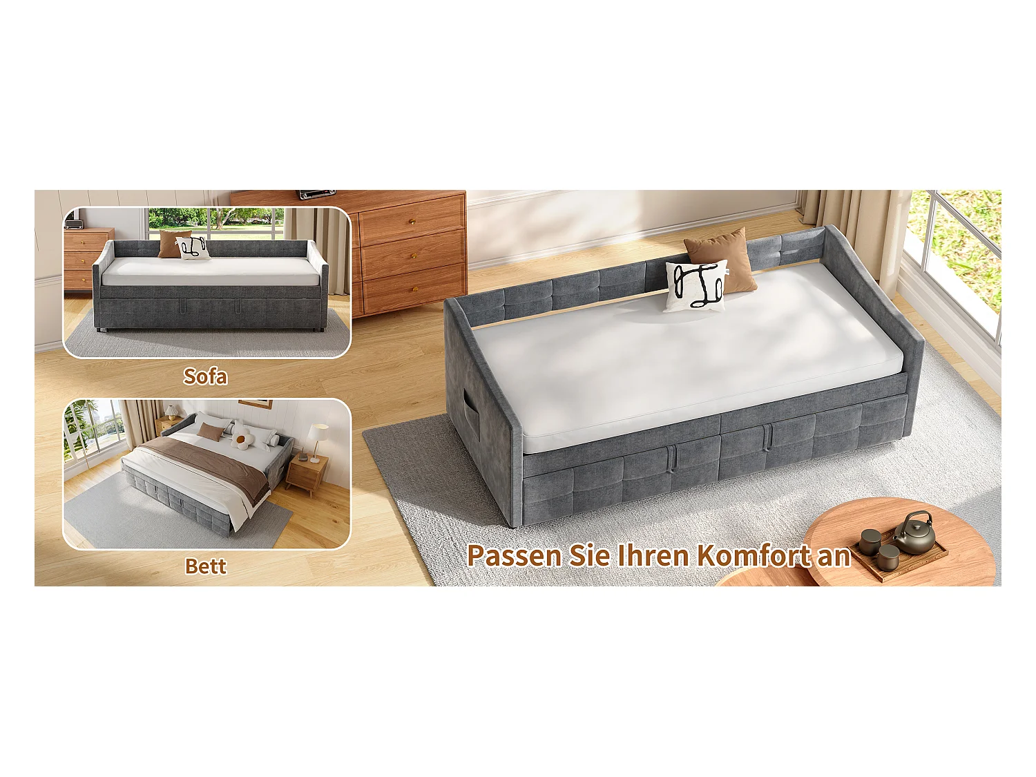 Sofá-cama 90x200 cm em veludo cinza, extensível 180x200 cm com cilindros hidráulicos, bolsos laterais e design moderno