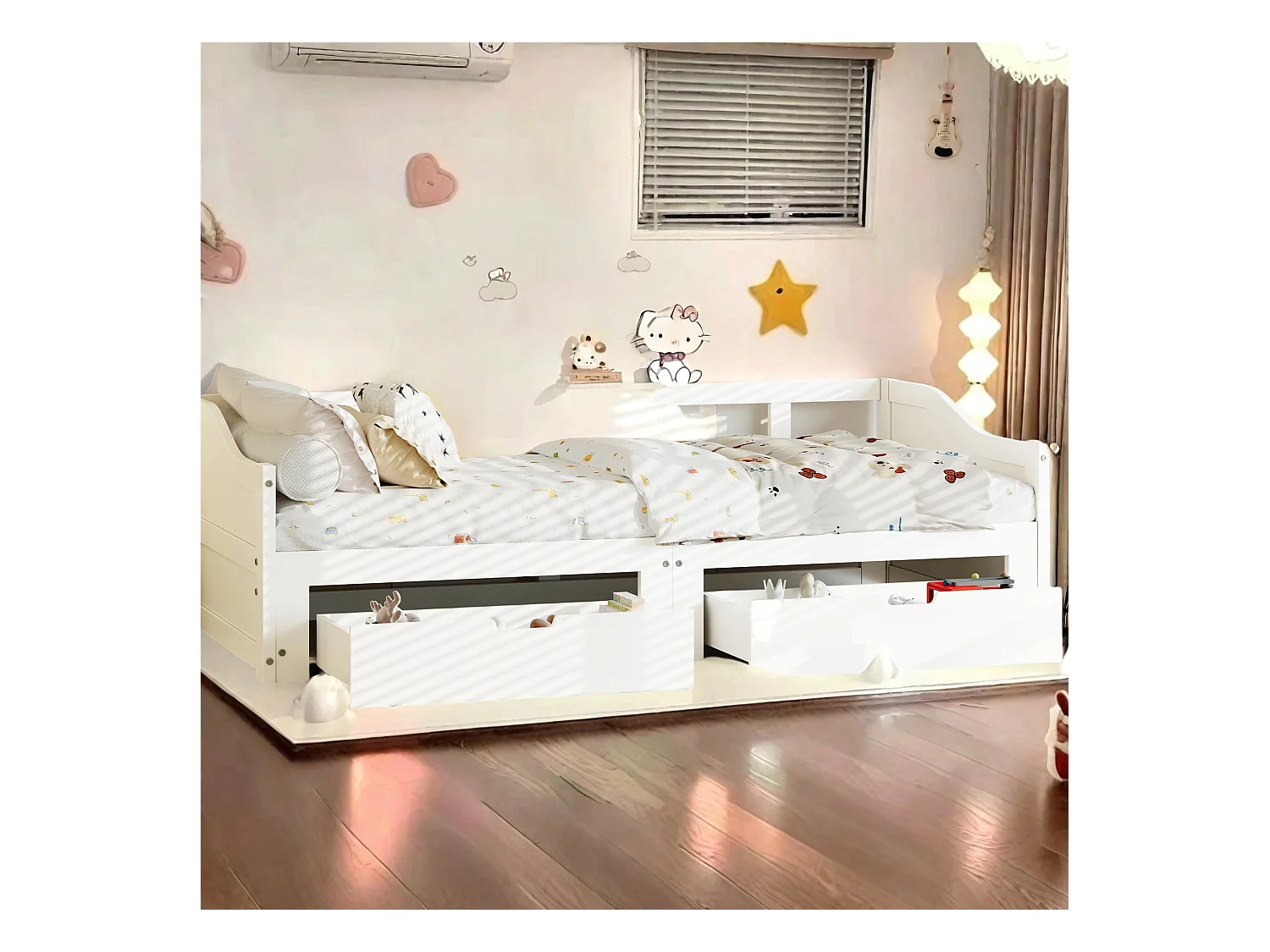 Sofá-cama de madeira maciça 90x200 cm com 2 gavetas, extensível em cama de casal 180x200 cm, prático e sólido