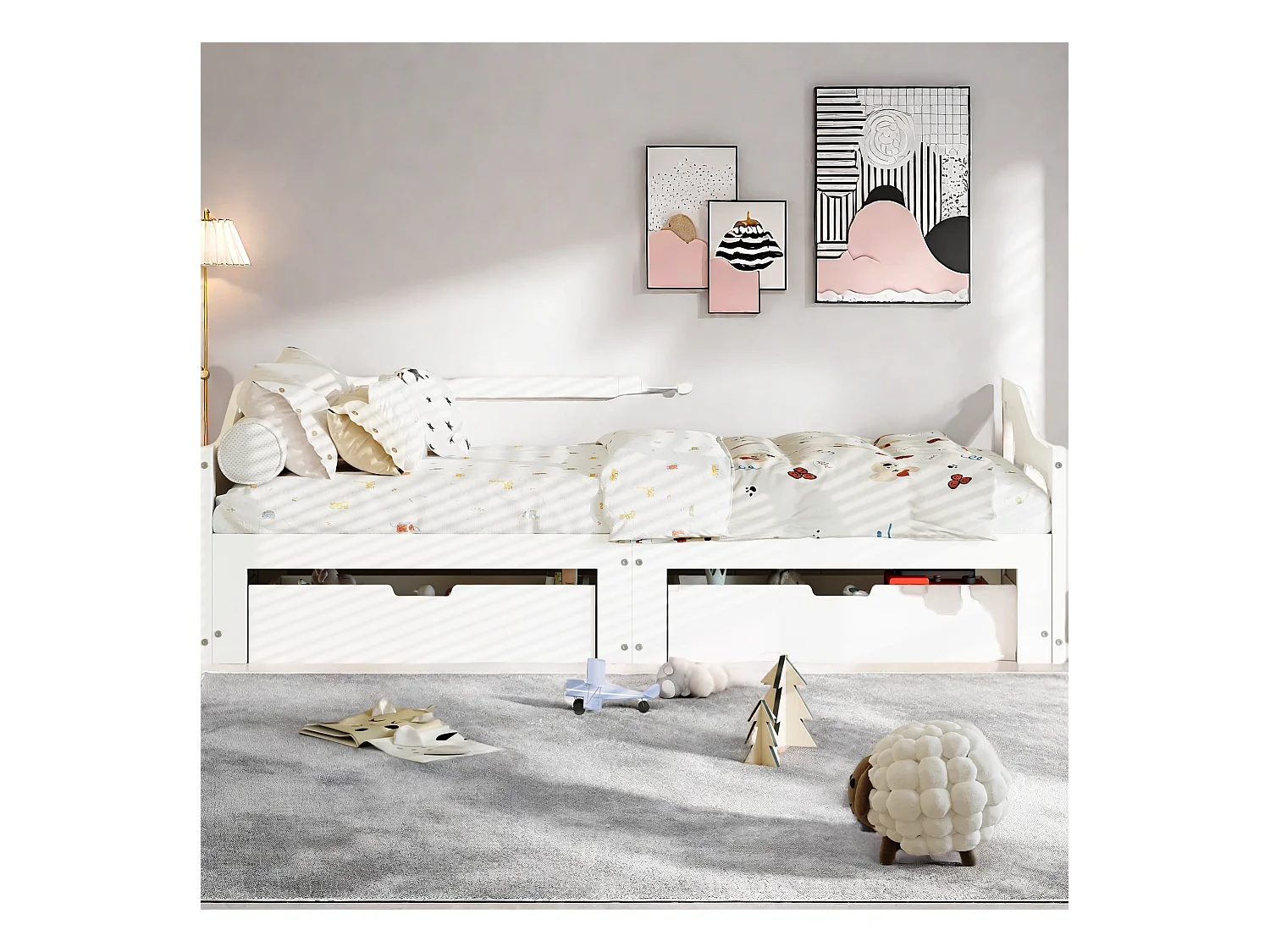 Sofá-cama de madeira maciça 90x200 cm com 2 gavetas, extensível em cama de casal 180x200 cm, prático e sólido