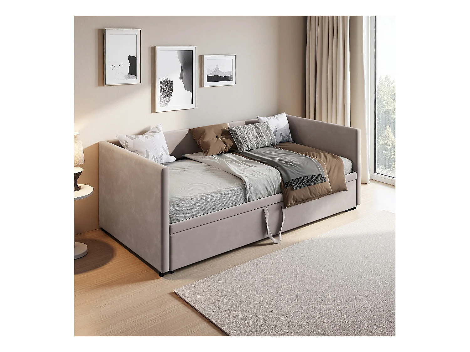 Divano letto estensibile 90x200 cm in velluto grigio, trasformabile in letto matrimoniale 180x200 cm, design moderno e pratico