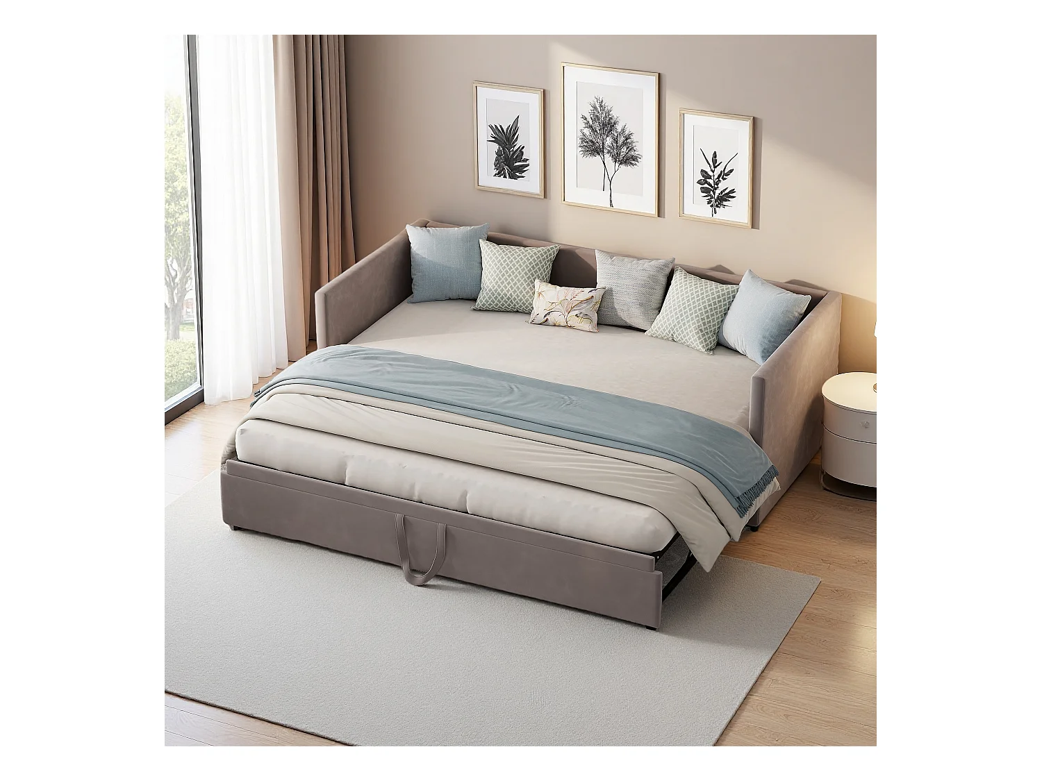 Divano letto estensibile 90x200 cm in velluto grigio, trasformabile in letto matrimoniale 180x200 cm, design moderno e pratico