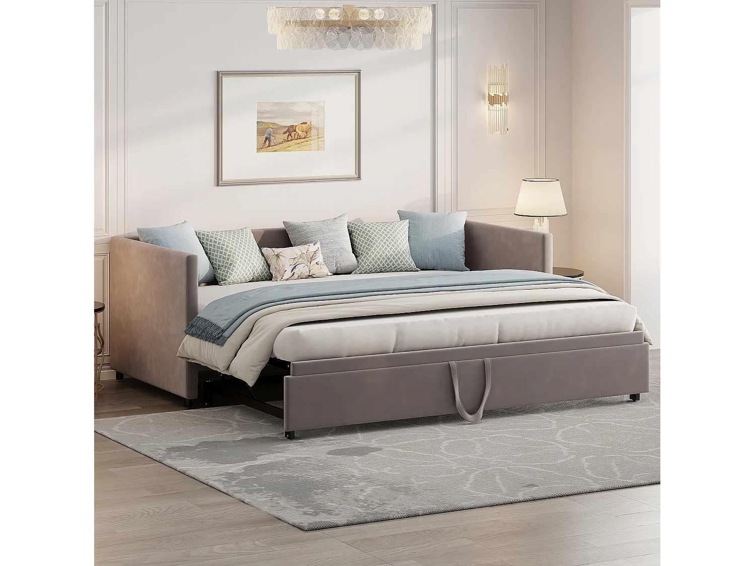 Divano letto estensibile 90x200 cm in velluto grigio, trasformabile in letto matrimoniale 180x200 cm, design moderno e pratico