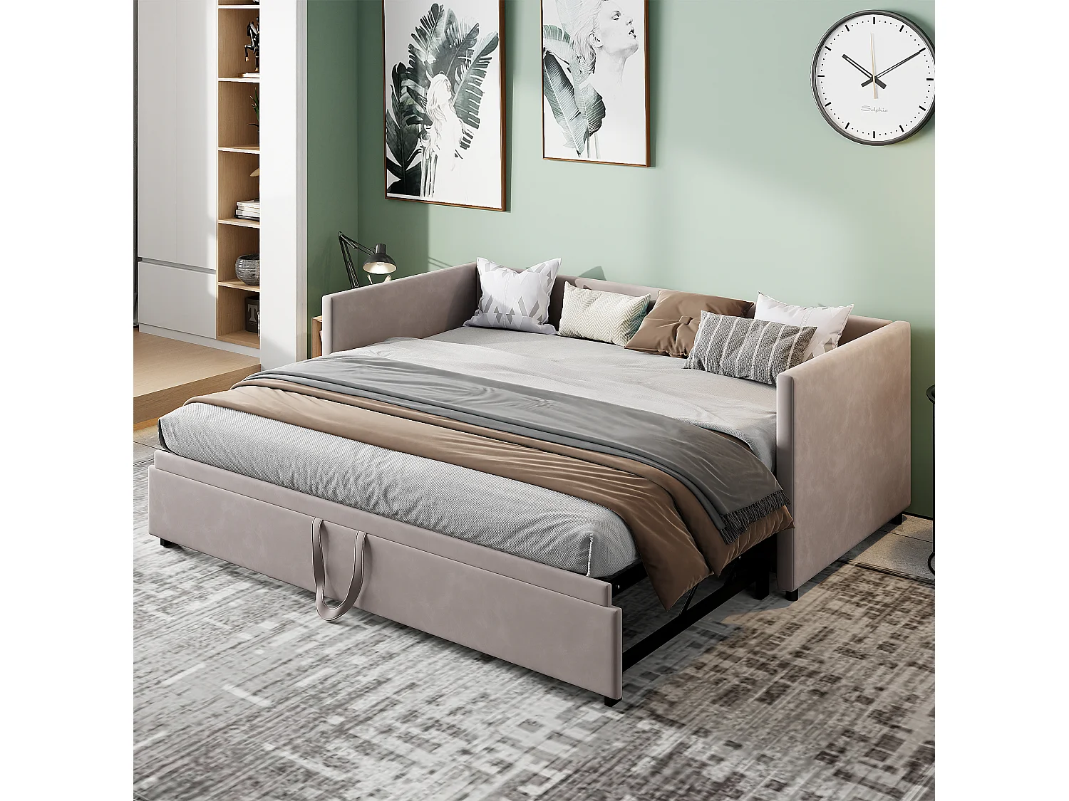Divano letto estensibile 90x200 cm in velluto grigio, trasformabile in letto matrimoniale 180x200 cm, design moderno e pratico