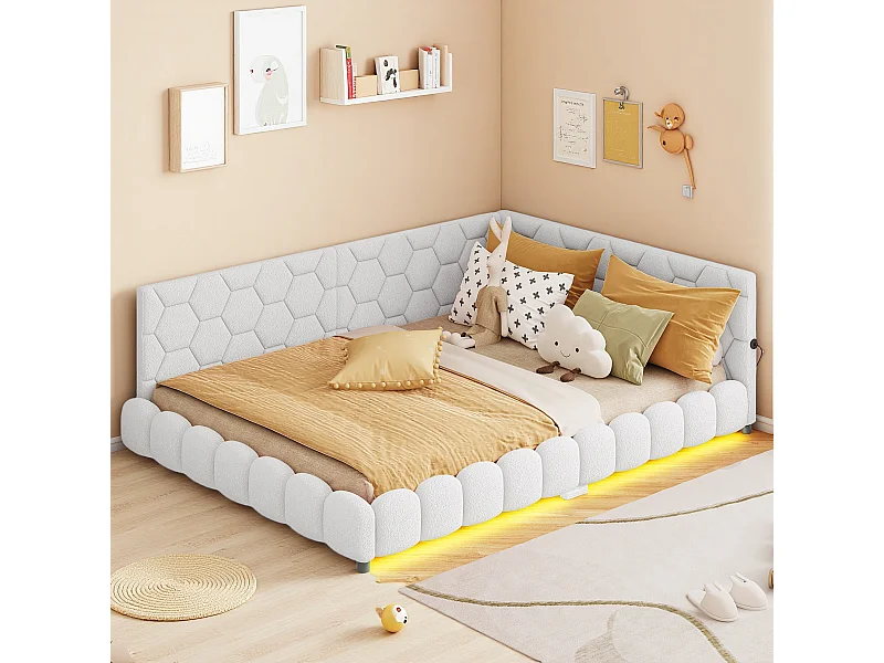 Sofá-cama 140*200cm, luz ambiente de 16 cores, porta USB, branco