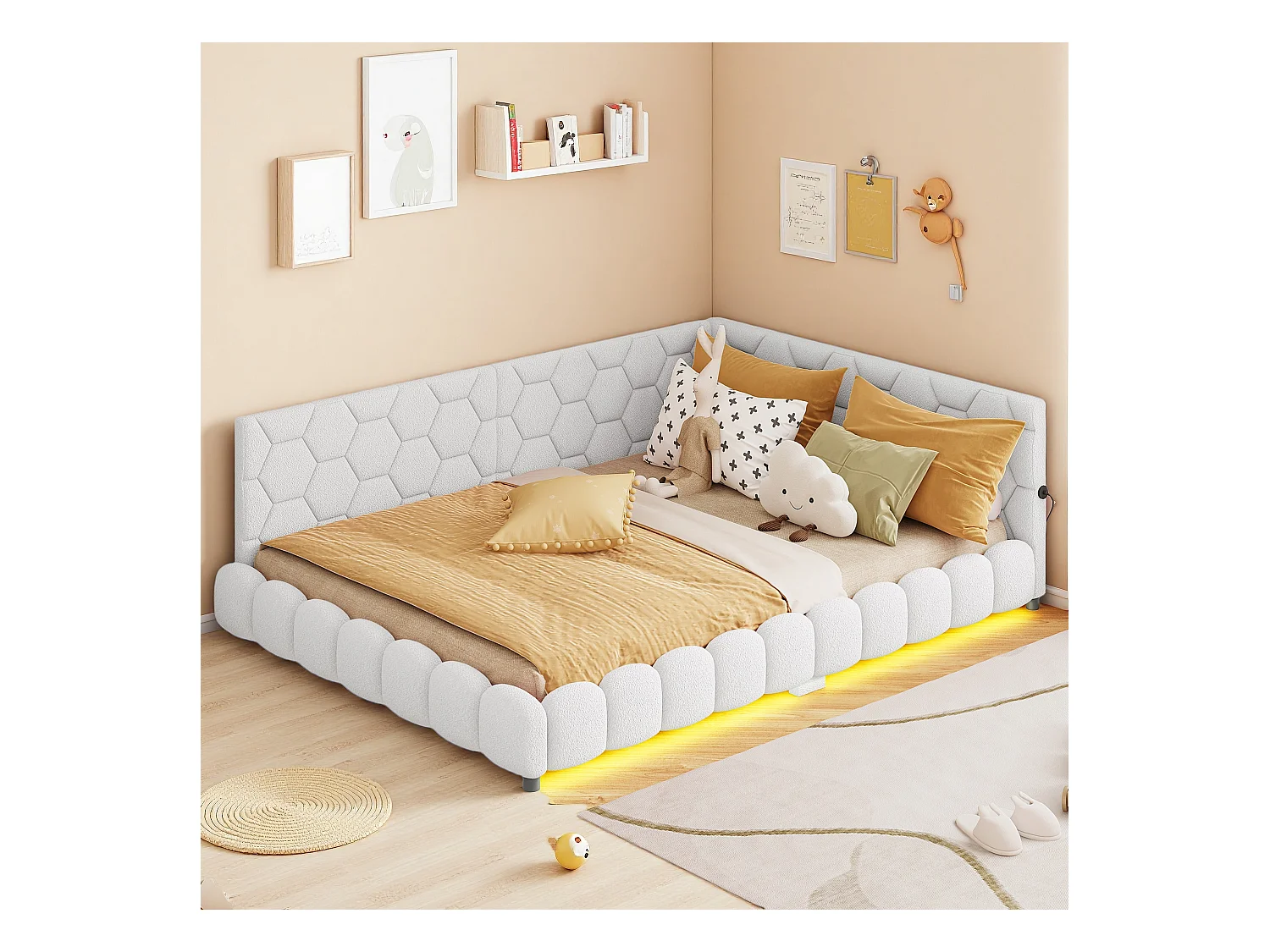 Sofá-cama 140*200cm, luz ambiente de 16 cores, porta USB, branco