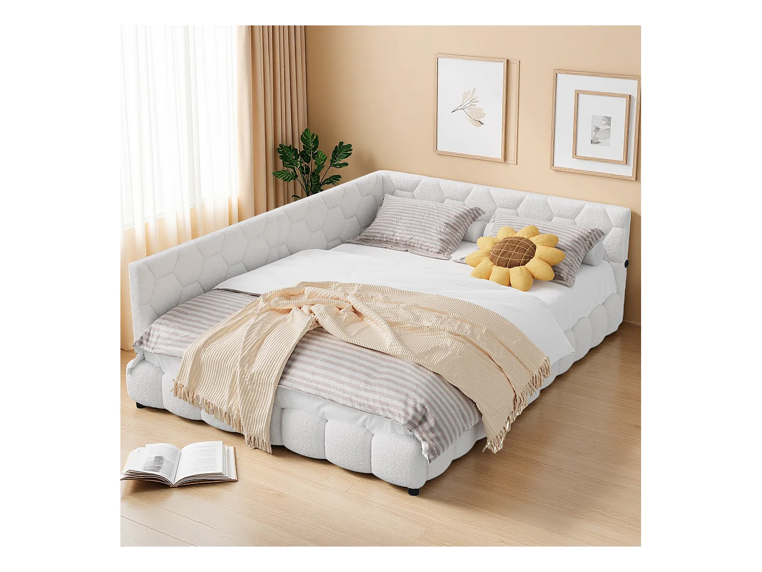 Sofá-cama 140*200cm, luz ambiente de 16 cores, porta USB, branco