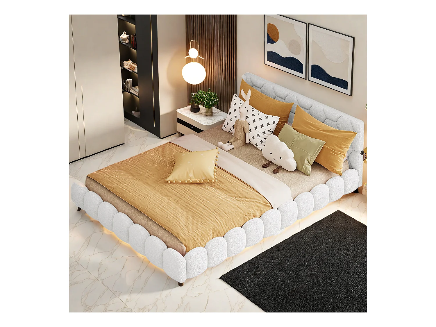 Sofá-cama 140*200cm, luz ambiente de 16 cores, porta USB, branco