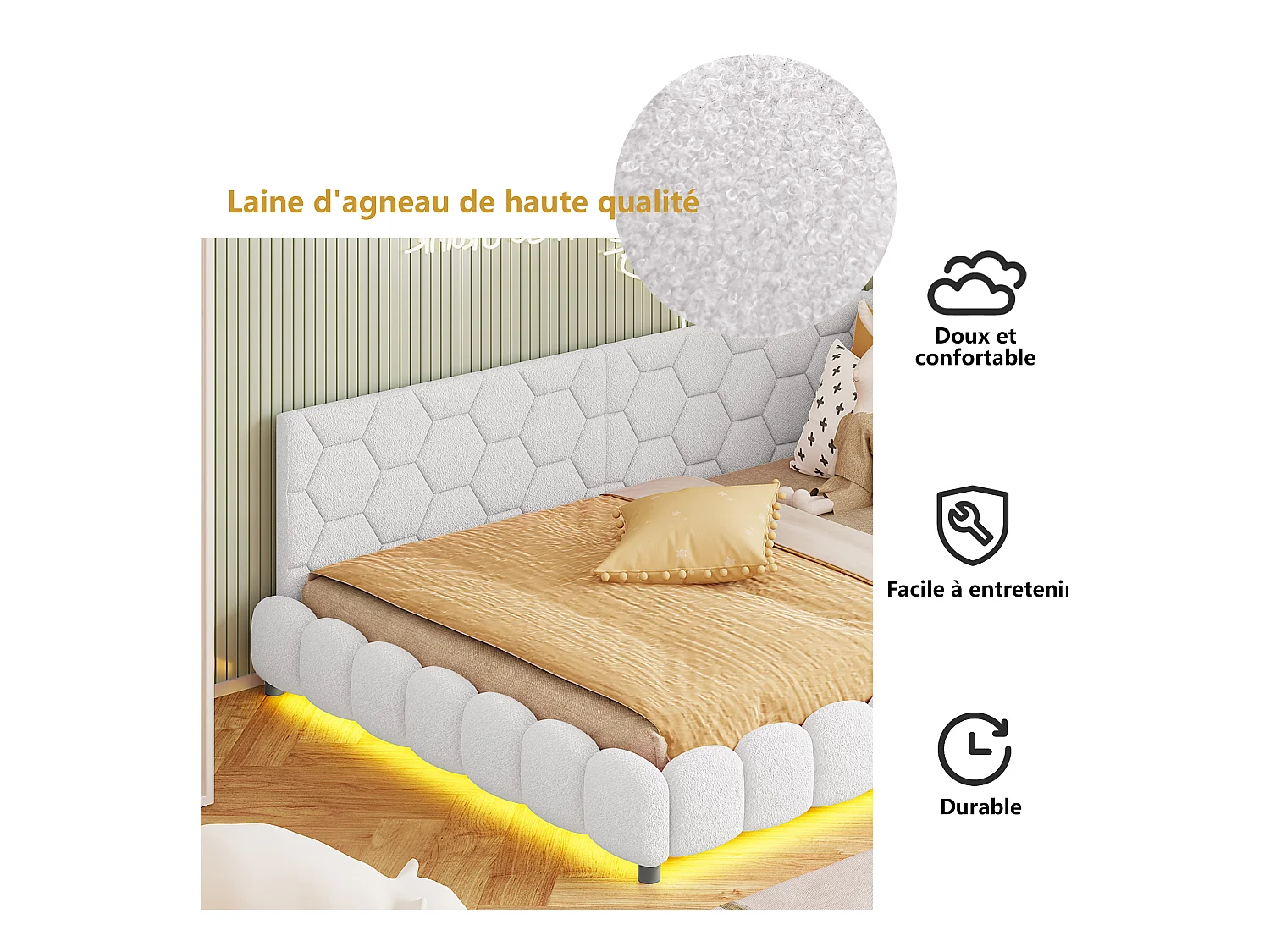 Sofá-cama 140*200cm, luz ambiente de 16 cores, porta USB, branco