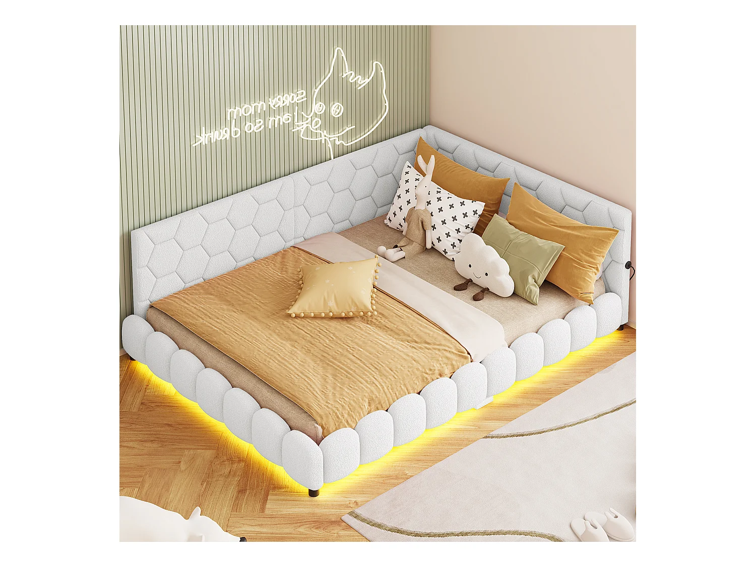 Sofá-cama 140*200cm, luz ambiente de 16 cores, porta USB, branco