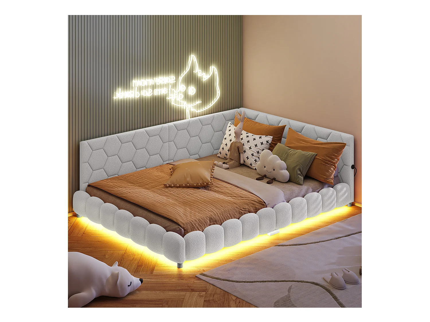 Sofá-cama 140*200cm, luz ambiente de 16 cores, porta USB, branco
