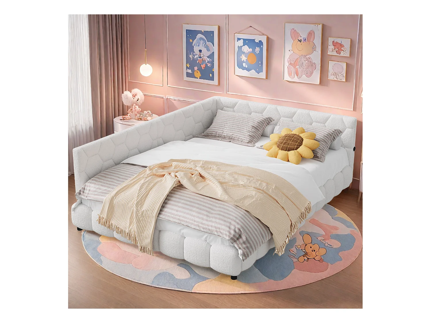 Sofá-cama 140*200cm, luz ambiente de 16 cores, porta USB, branco