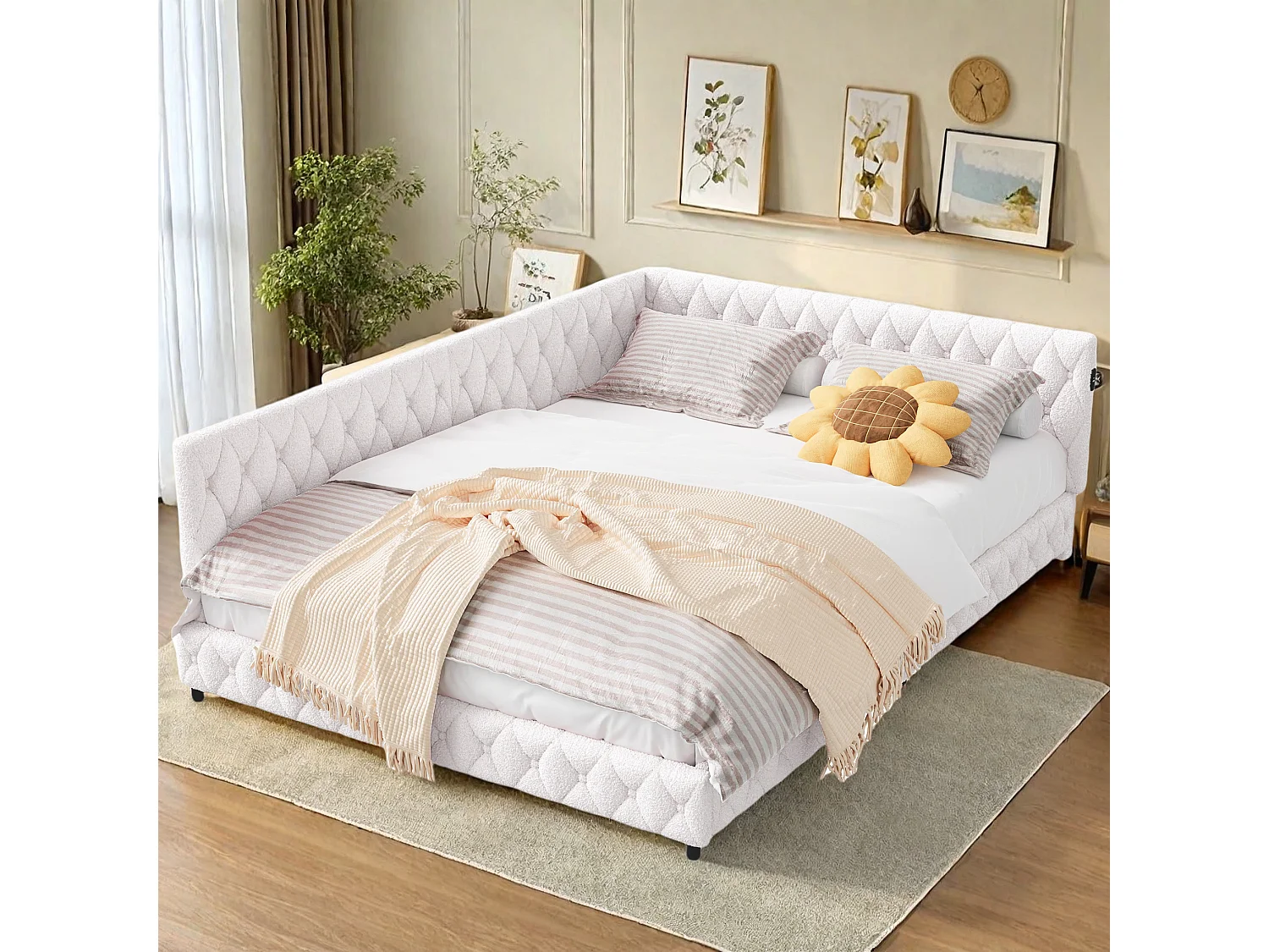 Lit 140x200 cm en tissu doudou beige avec éclairage LED périphérique et ports USB intégrés, design moderne et cosy