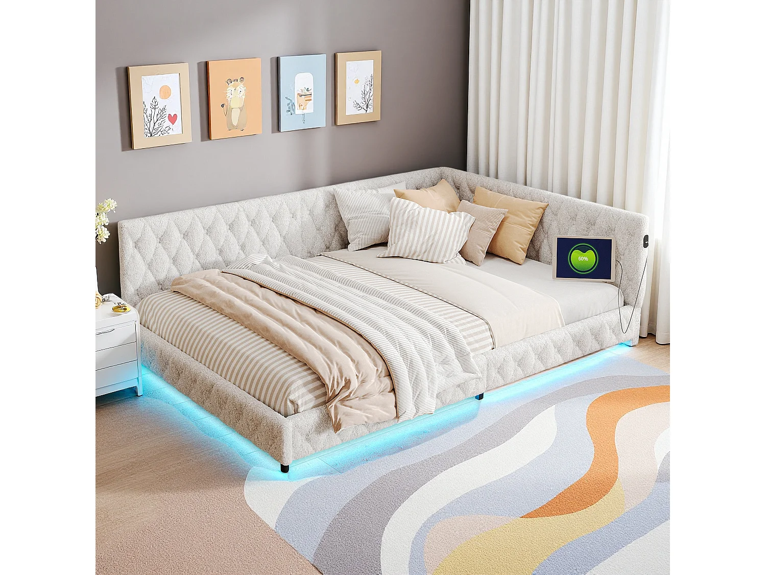 Lit 140x200 cm en tissu doudou beige avec éclairage LED périphérique et ports USB intégrés, design moderne et cosy