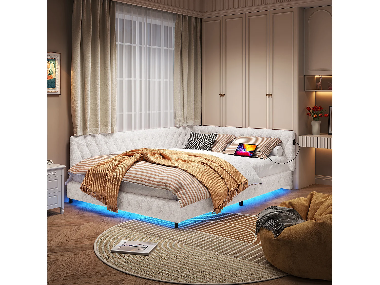 Lit 140x200 cm en tissu doudou beige avec éclairage LED périphérique et ports USB intégrés, design moderne et cosy