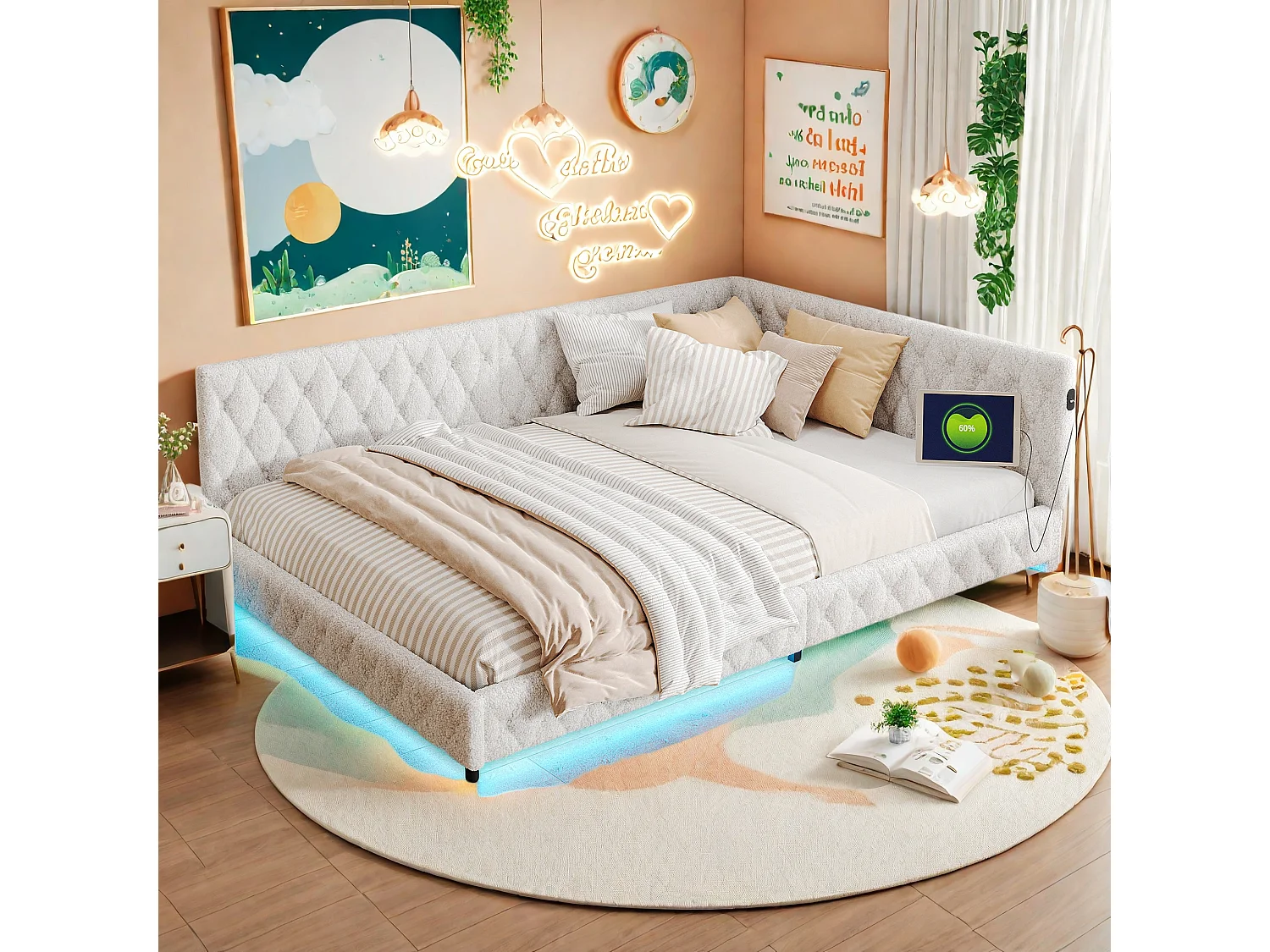 Lit 140x200 cm en tissu doudou beige avec éclairage LED périphérique et ports USB intégrés, design moderne et cosy