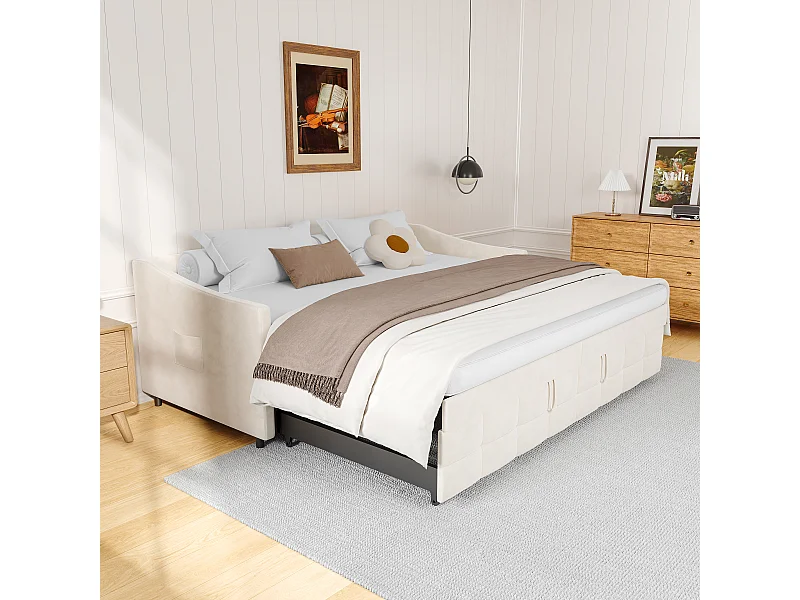 Sofá-cama 90x200 cm em veludo branco, extensível 180x200 cm com cilindros hidráulicos, bolsos laterais e design moderno