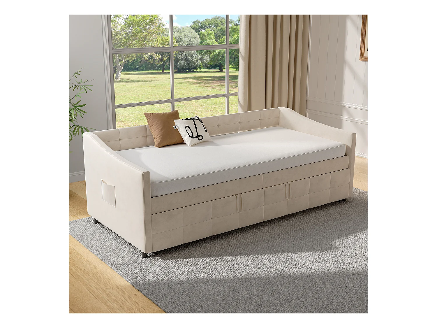 Sofá-cama 90x200 cm em veludo branco, extensível 180x200 cm com cilindros hidráulicos, bolsos laterais e design moderno