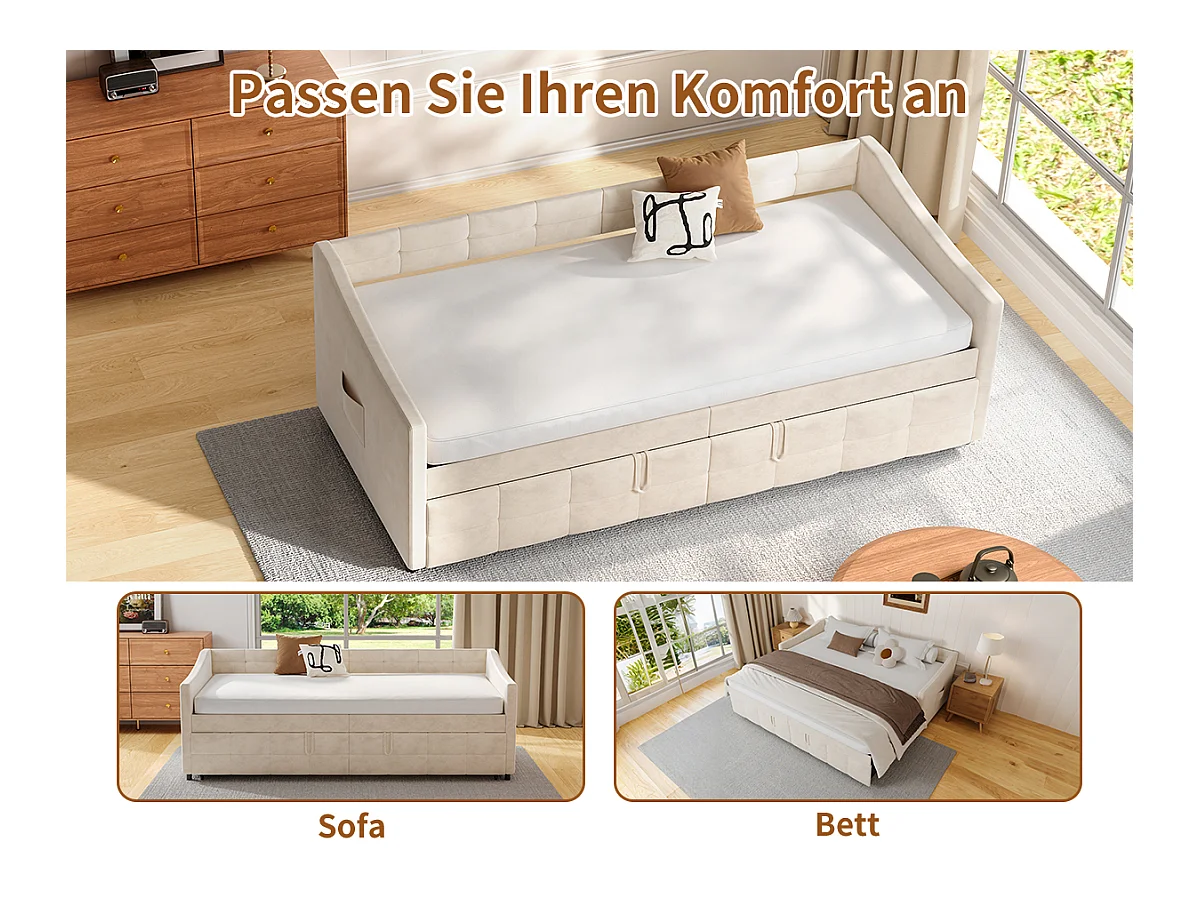 Sofá-cama 90x200 cm em veludo branco, extensível 180x200 cm com cilindros hidráulicos, bolsos laterais e design moderno