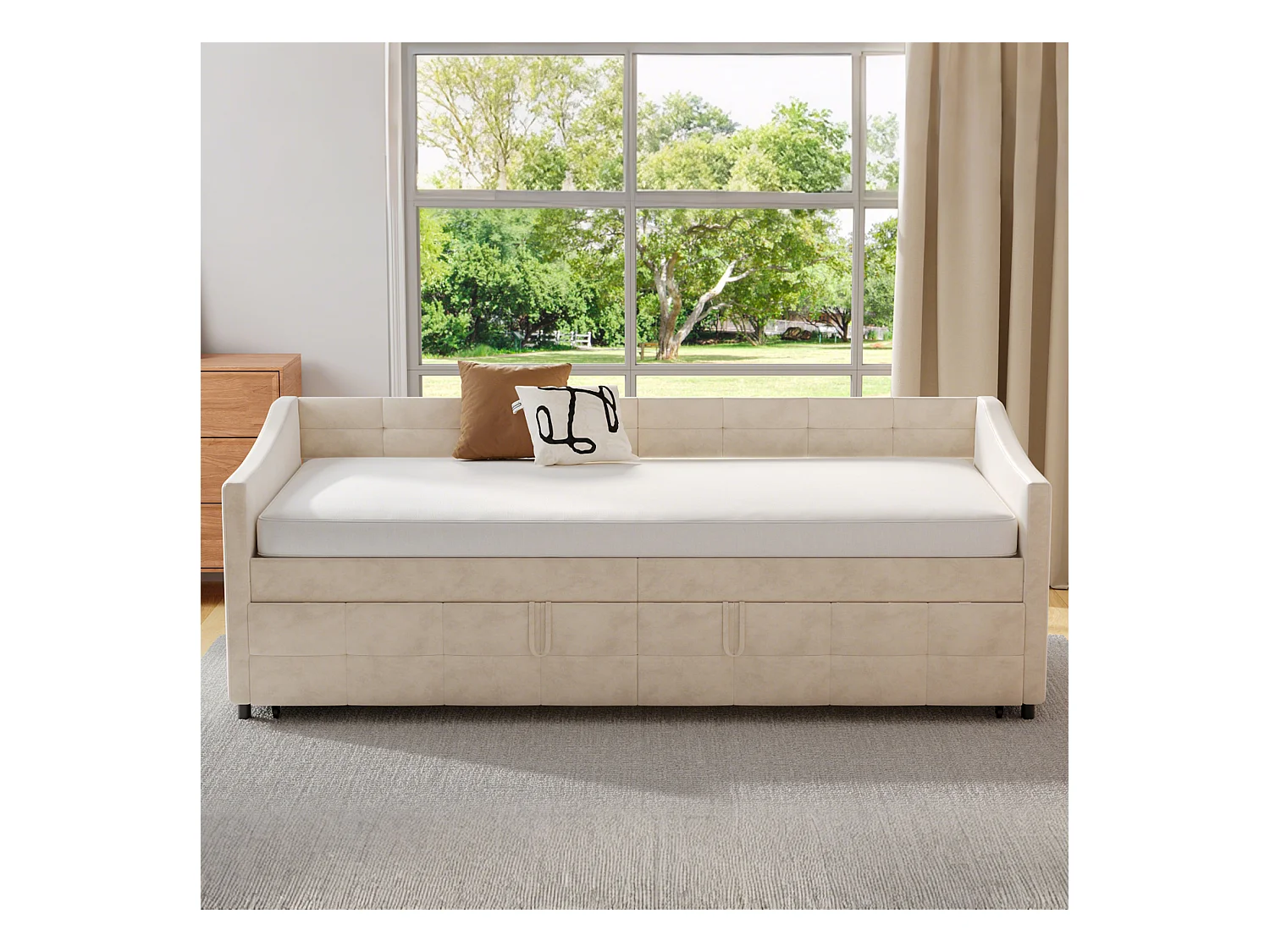 Sofá-cama 90x200 cm em veludo branco, extensível 180x200 cm com cilindros hidráulicos, bolsos laterais e design moderno