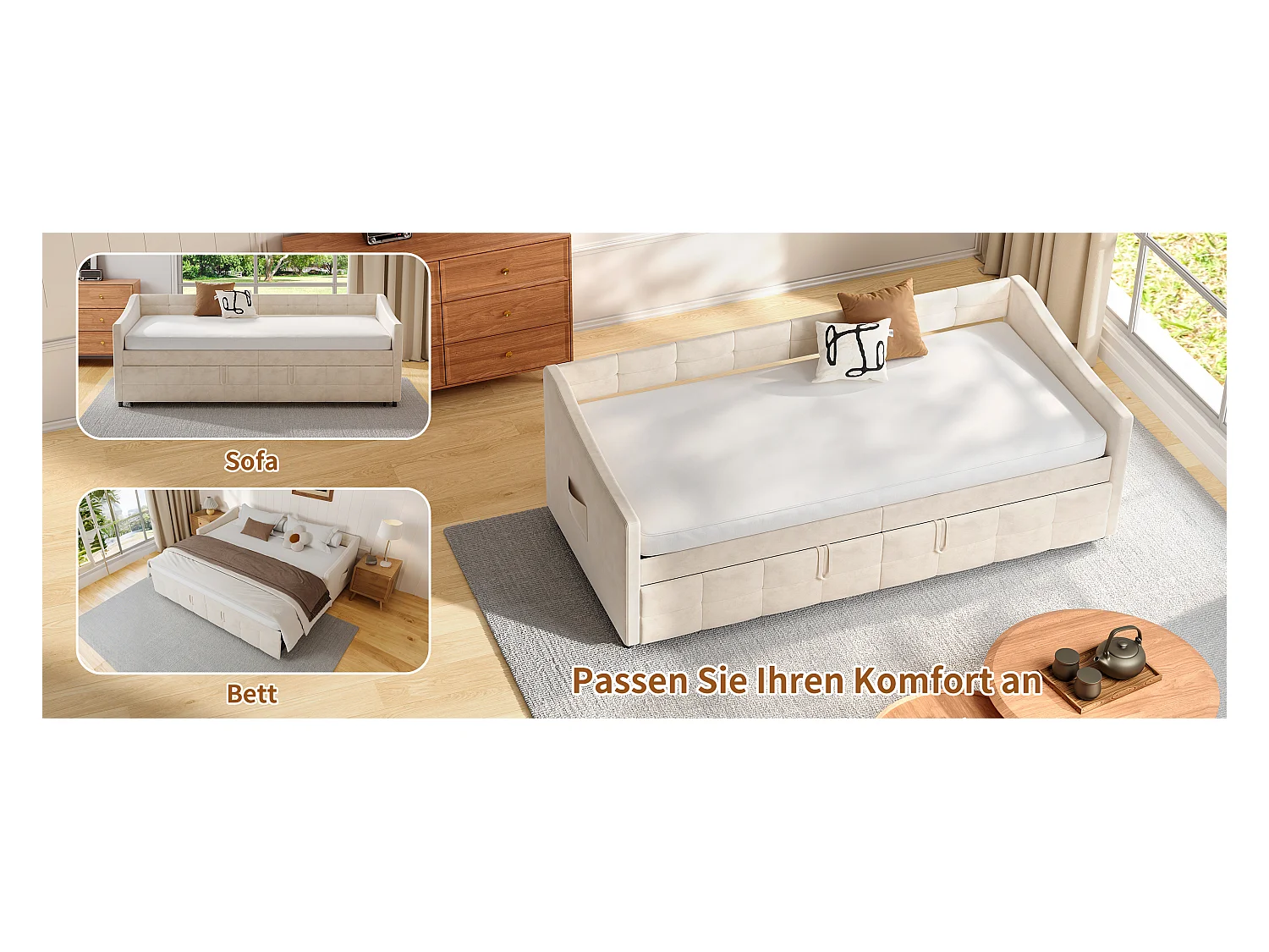 Sofá-cama 90x200 cm em veludo branco, extensível 180x200 cm com cilindros hidráulicos, bolsos laterais e design moderno