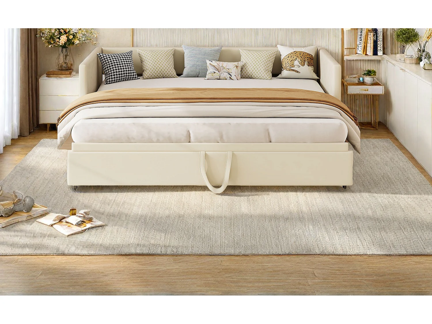 Divano letto estensibile 90x200 cm in velluto beige, trasformabile in letto matrimoniale 180x200 cm, design moderno e pratico