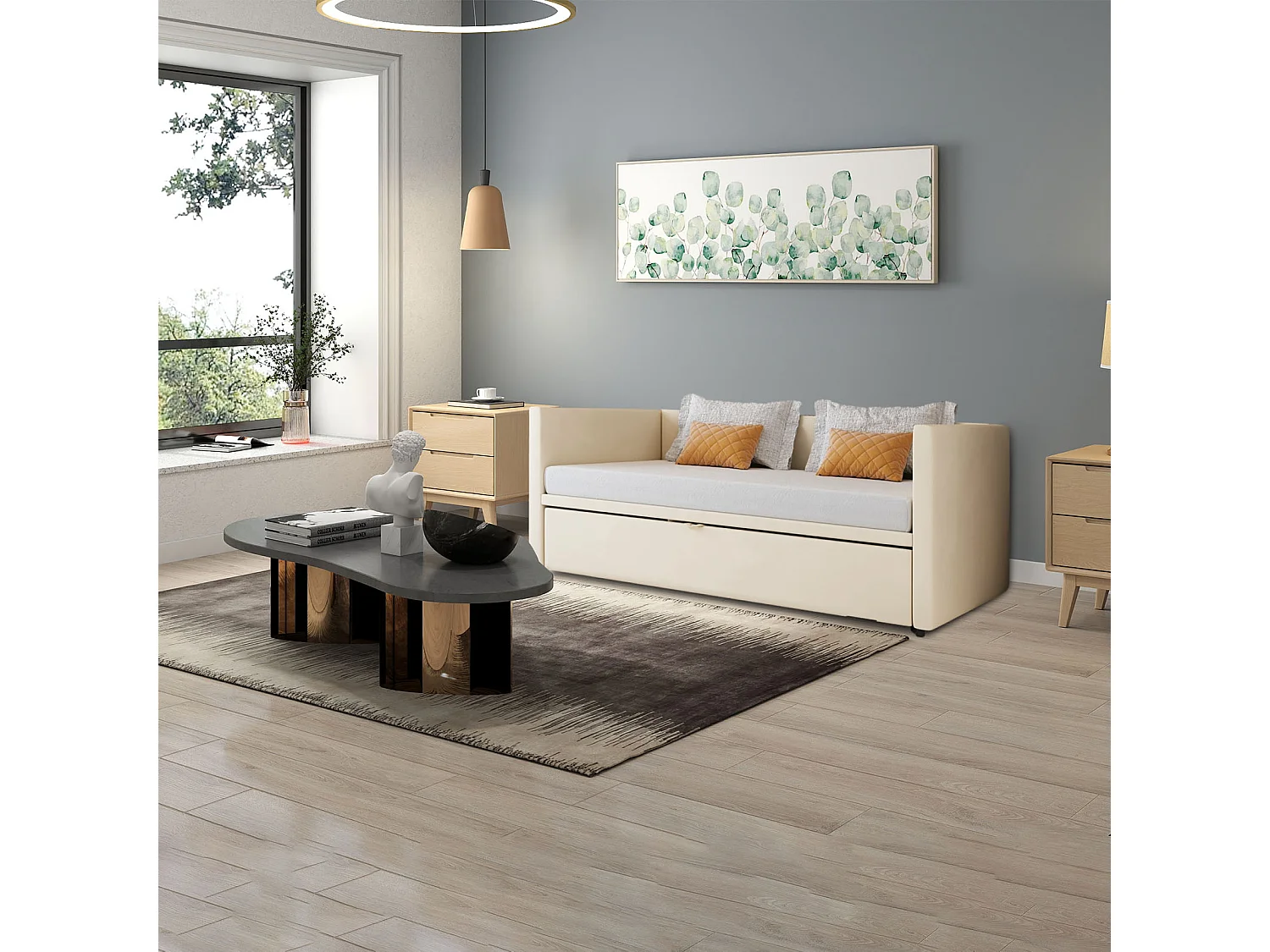 Divano letto estensibile 90x200 cm in velluto beige, trasformabile in letto matrimoniale 180x200 cm, design moderno e pratico