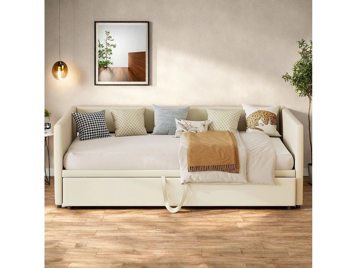Canapé-lit extensible 90x200 cm en velours beige, convertible en lit double 180x200 cm, design moderne et pratique