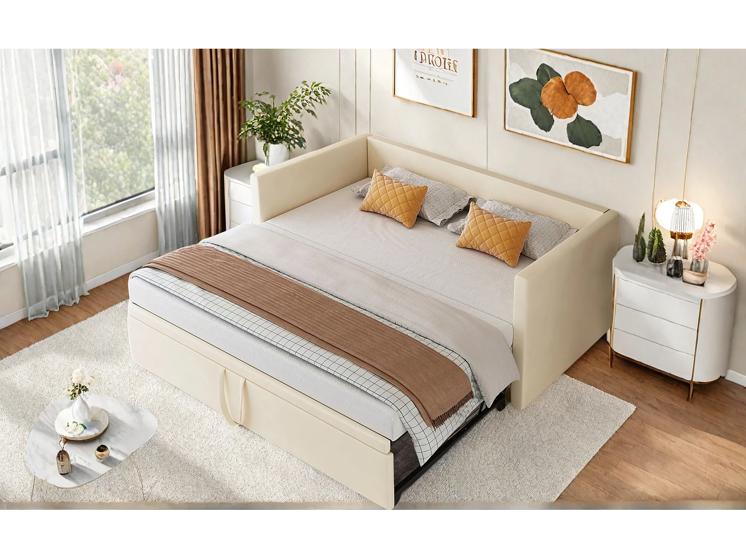 Canapé-lit extensible 90x200 cm en velours beige, convertible en lit double 180x200 cm, design moderne et pratique