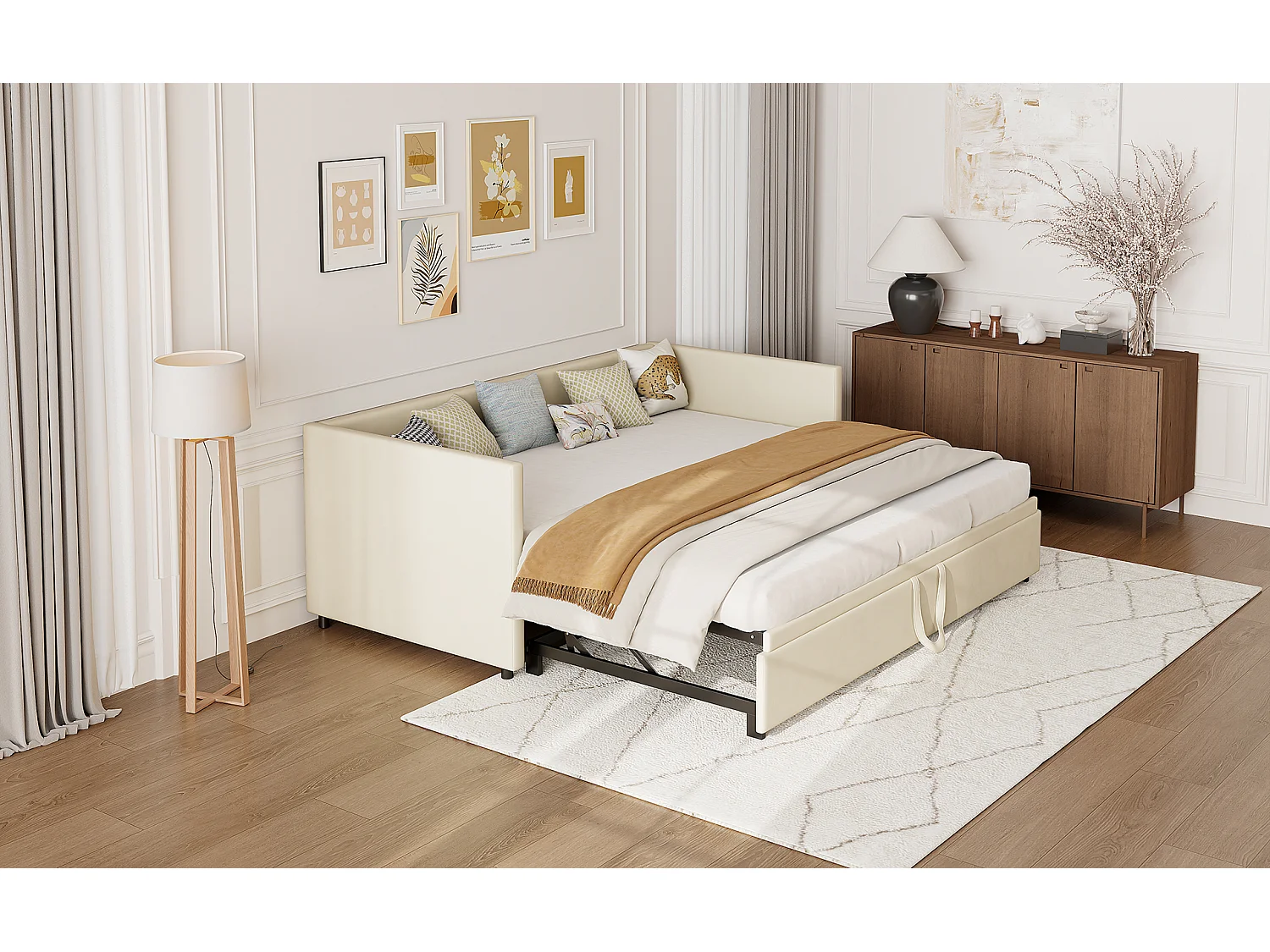 Canapé-lit extensible 90x200 cm en velours beige, convertible en lit double 180x200 cm, design moderne et pratique