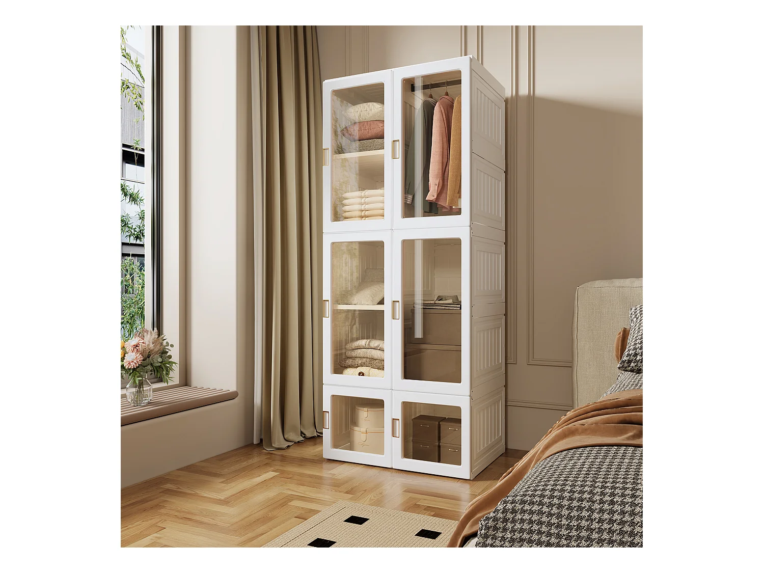 Witte opvouwbare draagbare kledingkast met doorzichtige deuren, opbergorganizer, kledingkist, 6 deuren en 1 hangstang, wit