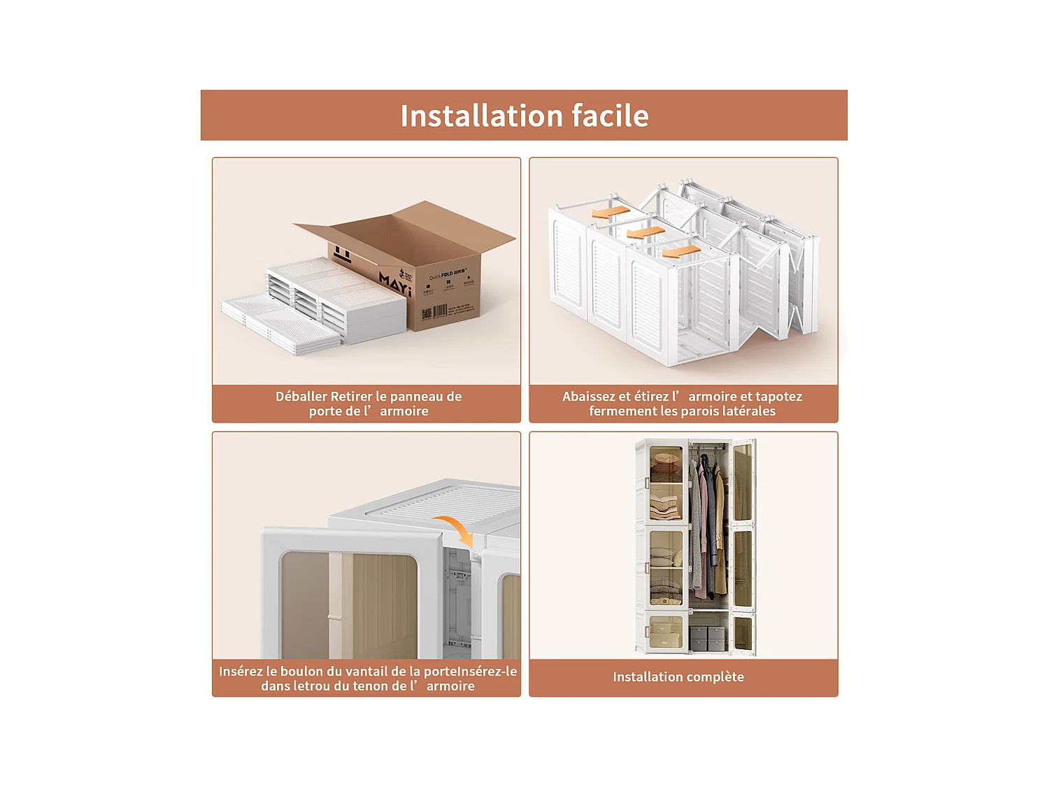 Witte opvouwbare draagbare kledingkast met doorzichtige deuren, opbergorganizer, kledingkist, 6 deuren en 1 hangstang, wit