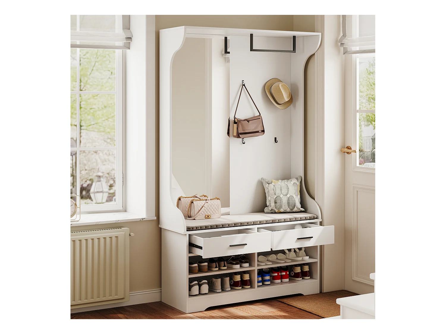 Portemanteau multifonction blanc avec miroir, crochets et tringle – meuble d’entrée pratique avec espace chaussures intégré