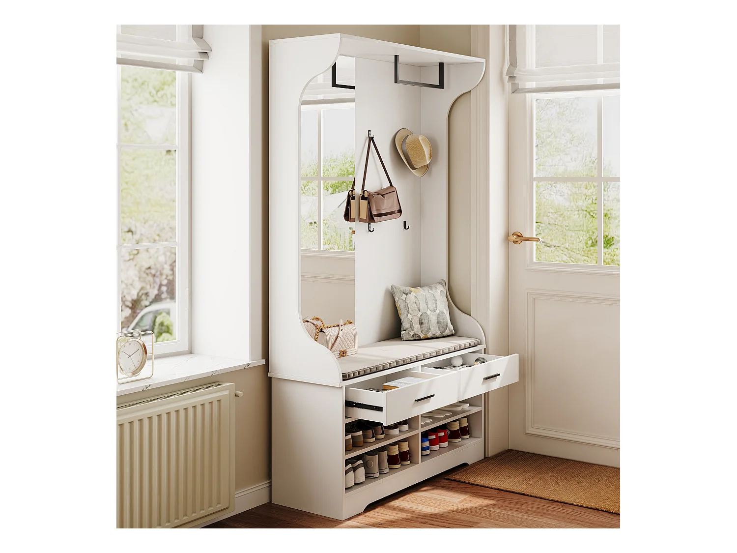 Portemanteau multifonction blanc avec miroir, crochets et tringle – meuble d’entrée pratique avec espace chaussures intégré