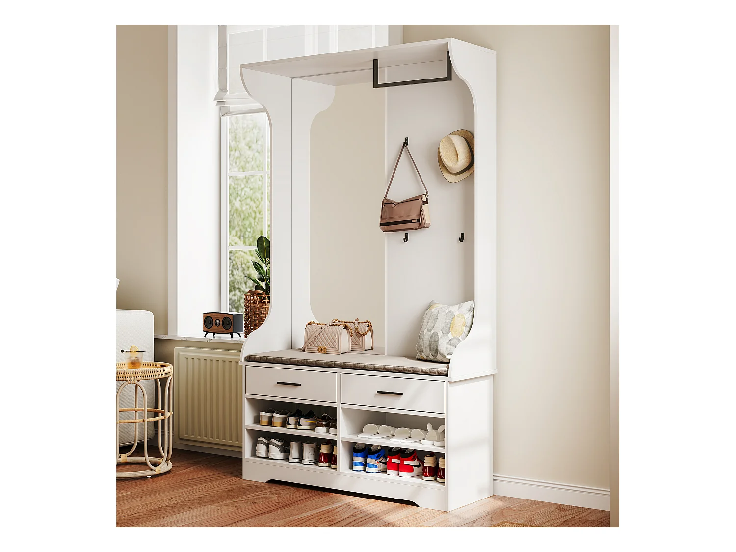 Portemanteau multifonction blanc avec miroir, crochets et tringle – meuble d’entrée pratique avec espace chaussures intégré