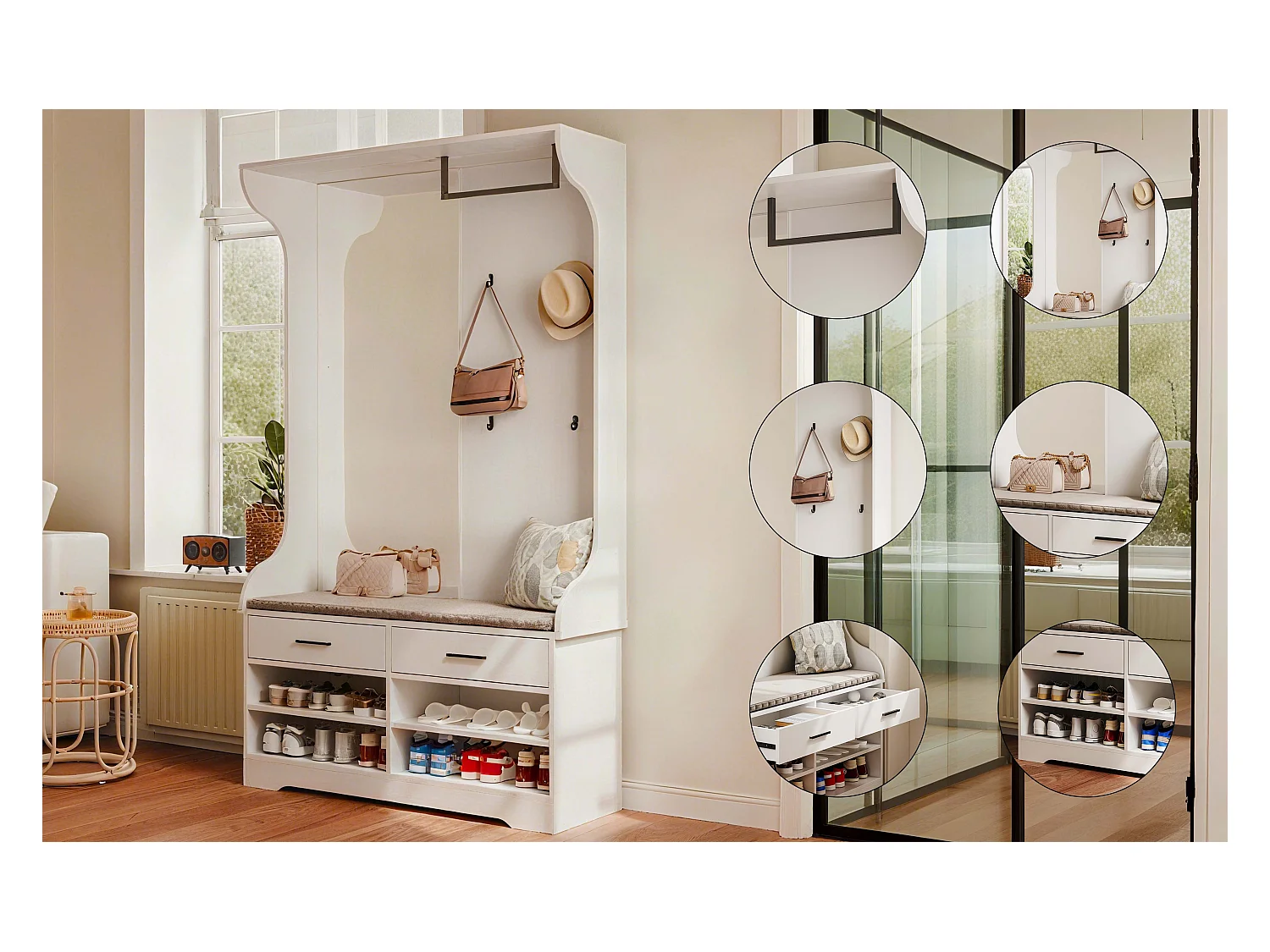Portemanteau multifonction blanc avec miroir, crochets et tringle – meuble d’entrée pratique avec espace chaussures intégré