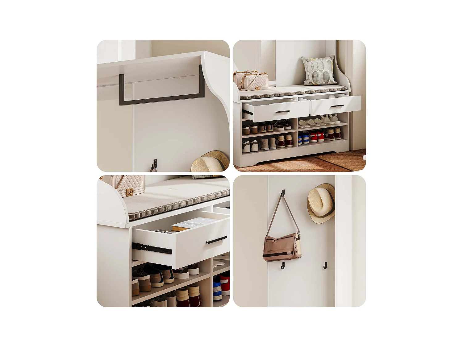 Portemanteau multifonction blanc avec miroir, crochets et tringle – meuble d’entrée pratique avec espace chaussures intégré